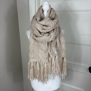 Rag Poets Large Oatmeal Cable Knit Scarf with Tassels